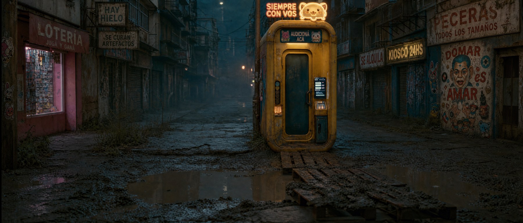 La cabina amarilla en una calle de noche, con el cartel Siempre con vos